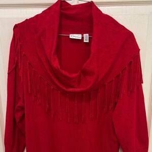 Vibrant Red Cowl Neck Sweater with Fringe